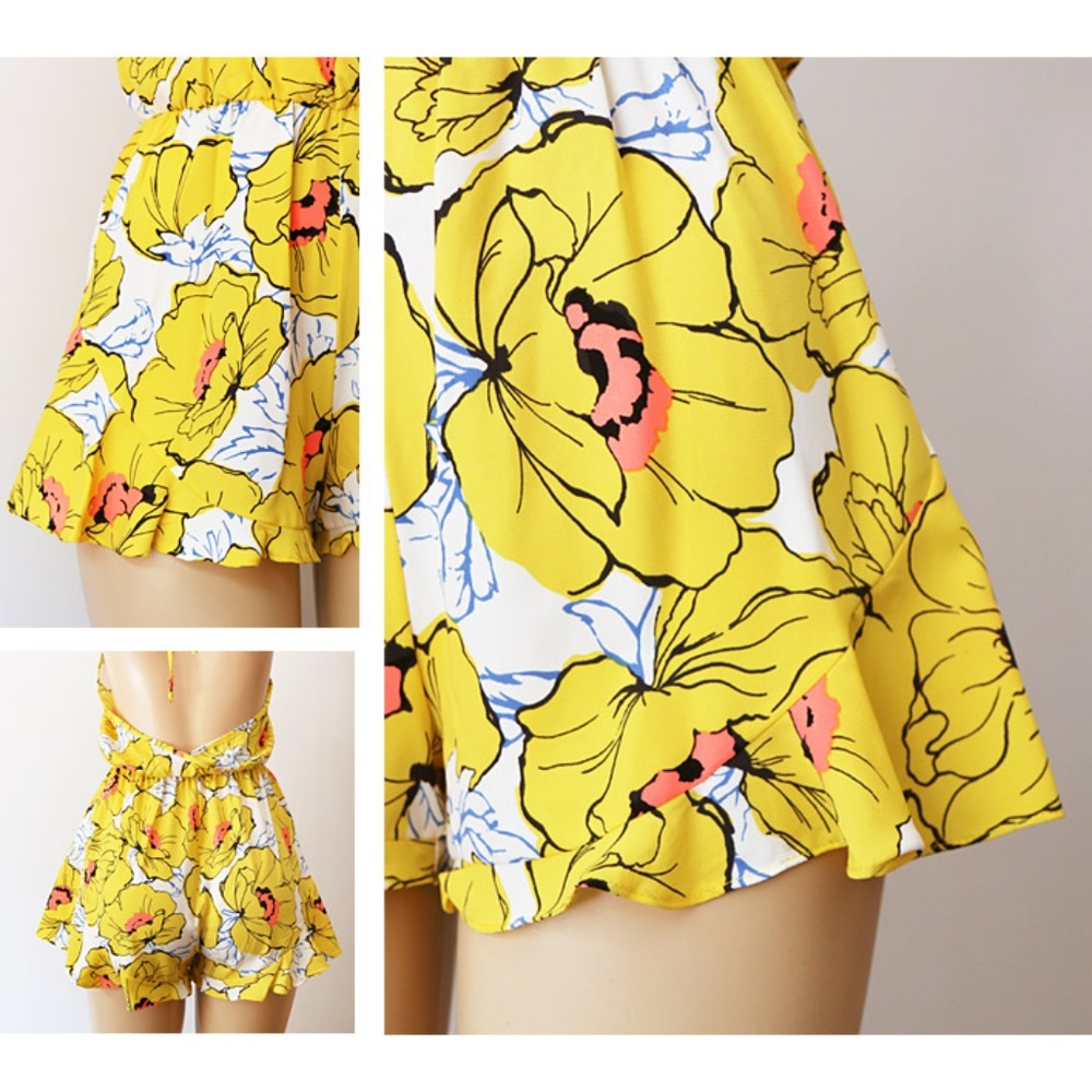 Yellow Tropical Floral Open Back Halter Romper - Picture 5 of 8